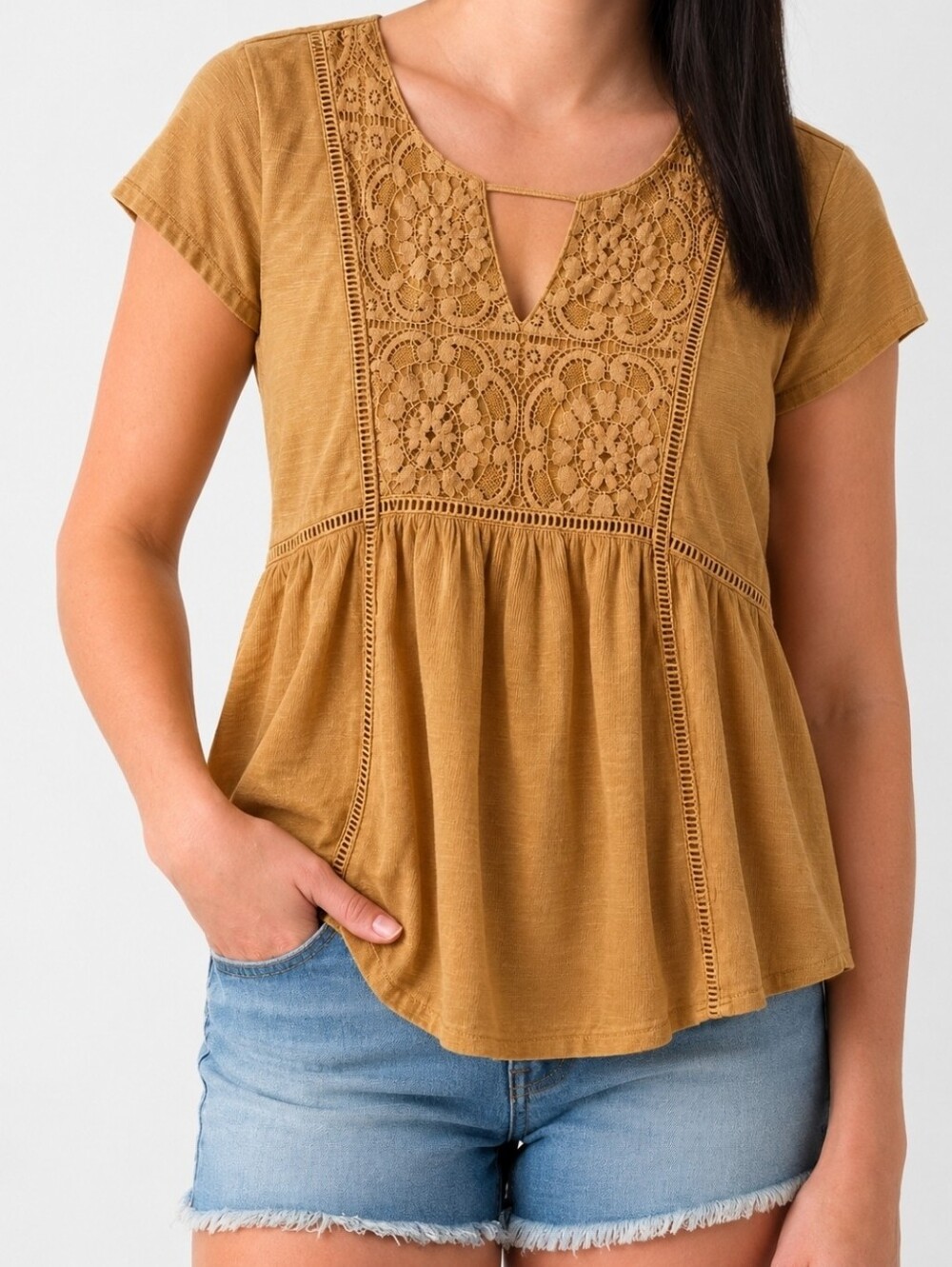Jolt Women's Mustard Boho Lace Trimmed Babydoll Pullover Cap Sleeve Blouse